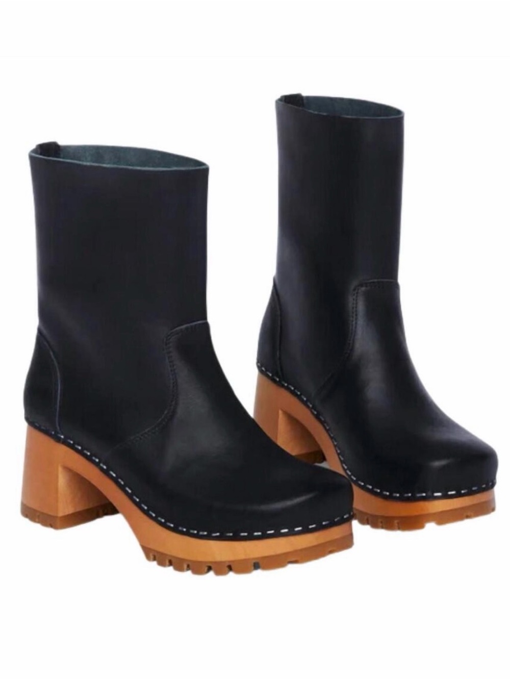 New, never worn Swedish Hasbeens Black Leather Ankle Boots Tan Platform Heel